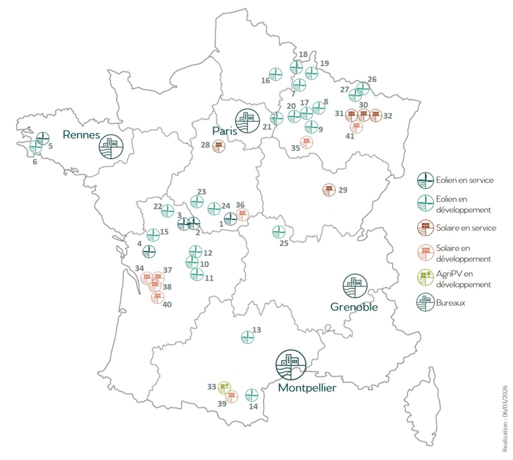 carte des actifs d'energiter, expert des énergies renouvelables depuis 2010, carte de l'ensemble des parcs éolien et centrales photovoltaïques et agrivoltaïques, exploitation france