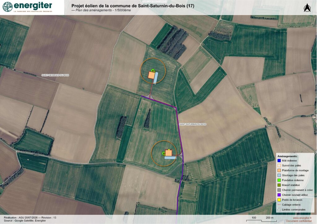 carte potentielle d'implantation du projet éolien de Saint-Saturnin-du-Bois en Charente Maritime, projet de 2 éoliennes par Energiter, 14 MW